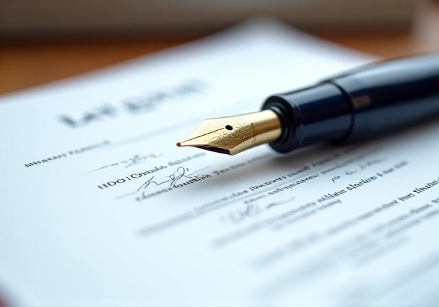Close-up of a professional fountain pen resting on a signed legal document in a bright London office.